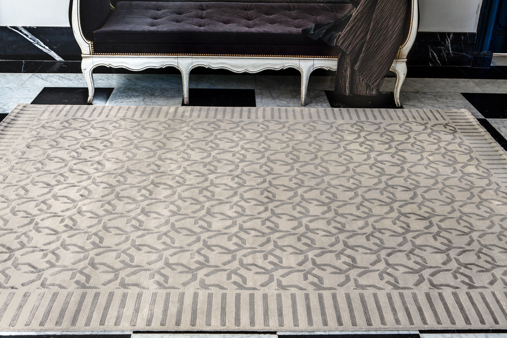 ambiance tapis noué main gris et beige